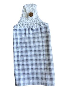 Hand Crafted White and Gray Gingham Crochet Top Hanging Kitchen Hand Towel